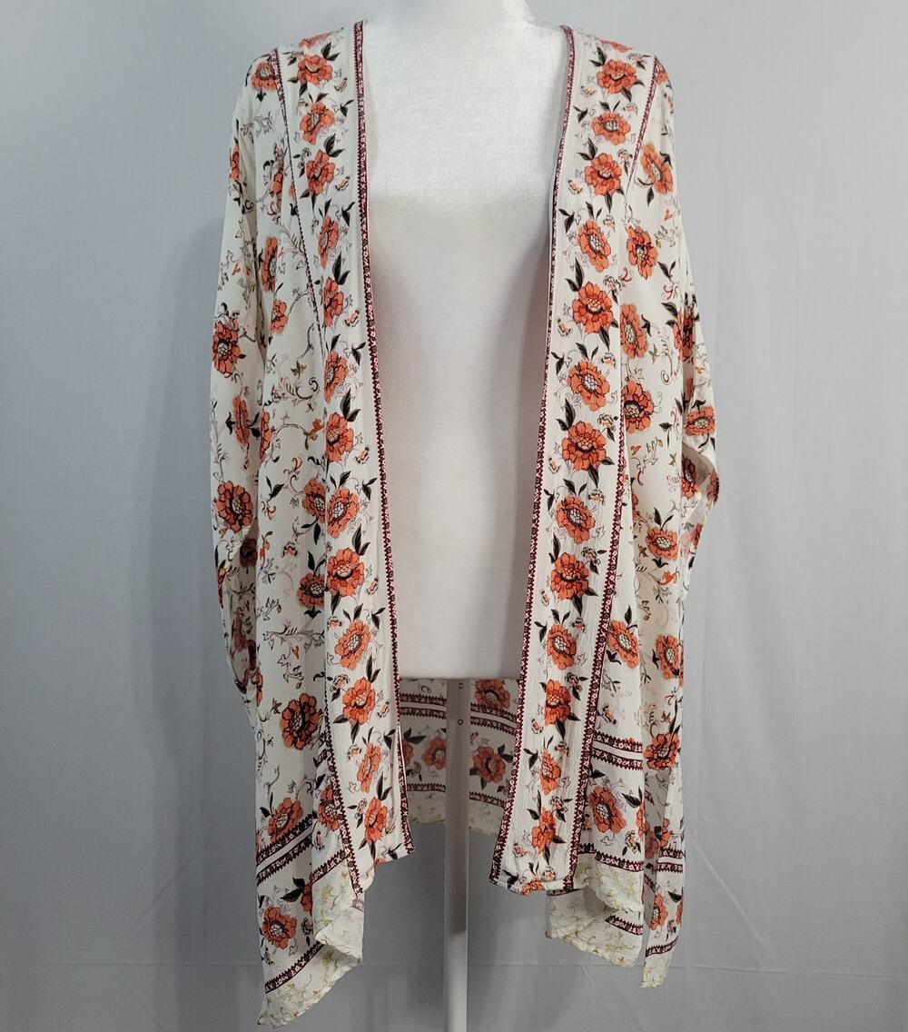 Miss Me Floral Dolman Sleeve Kimono Cardigan Top sz S White Multi Boho Festival